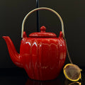 Théière en porcelaine rouge vif – Mariage Frères, 1 L – Avec boule à thé dorée